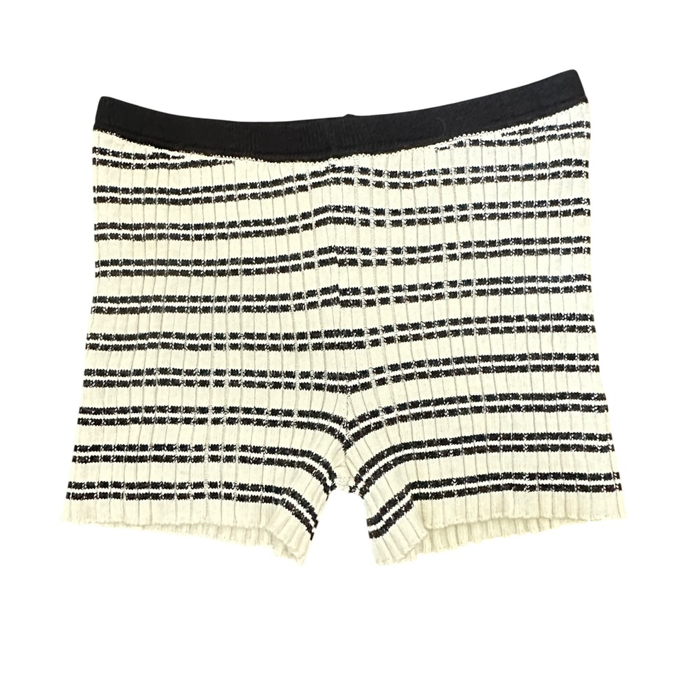 PrettyLittleThing Ribbed Knit Micro Shorts L Cream Black Stripe High Waist Y2K